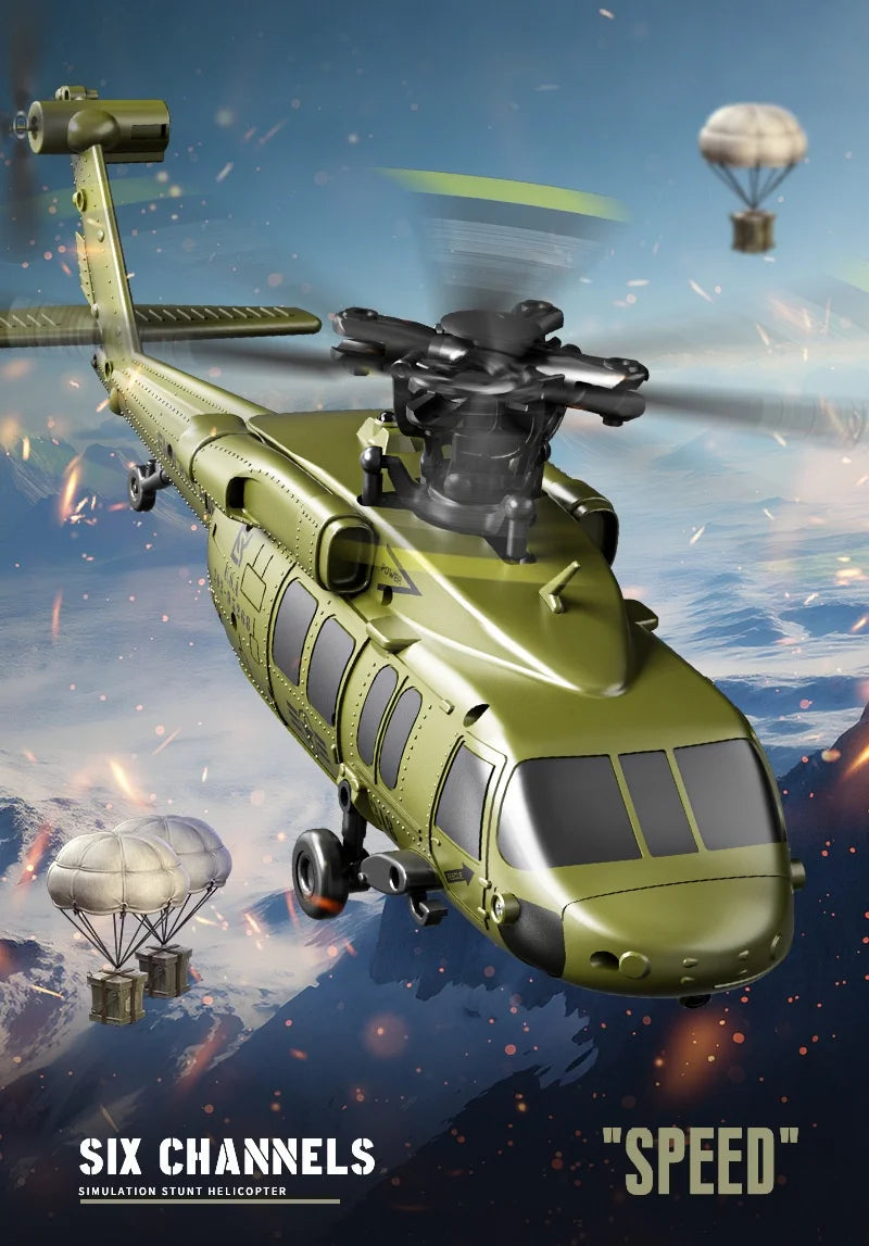 Six Channel Remote Control Military Helicopter With Simulated Stunt Design