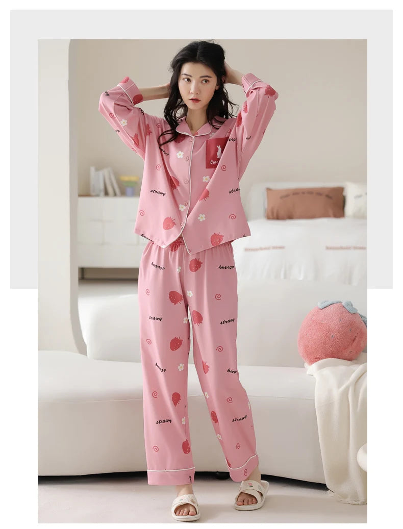 Women’s Winter 100% Cotton Pajama Set – Loose Fit, Turn-Down Collar, Long Sleeves, Cute Pink