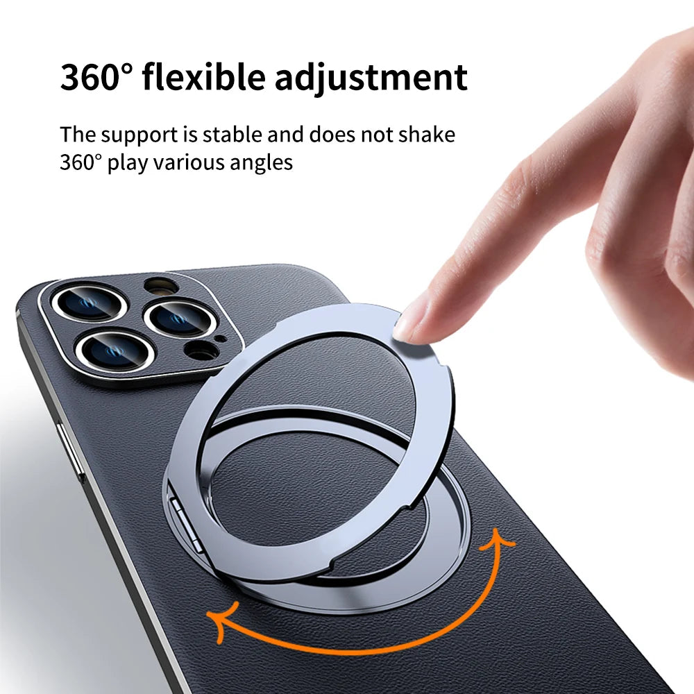 Leather for Magsafe Case for iPhone 16 15 14 Pro Max 16Pro Ring Luxury Lens Protection Holder Phone Back Cover