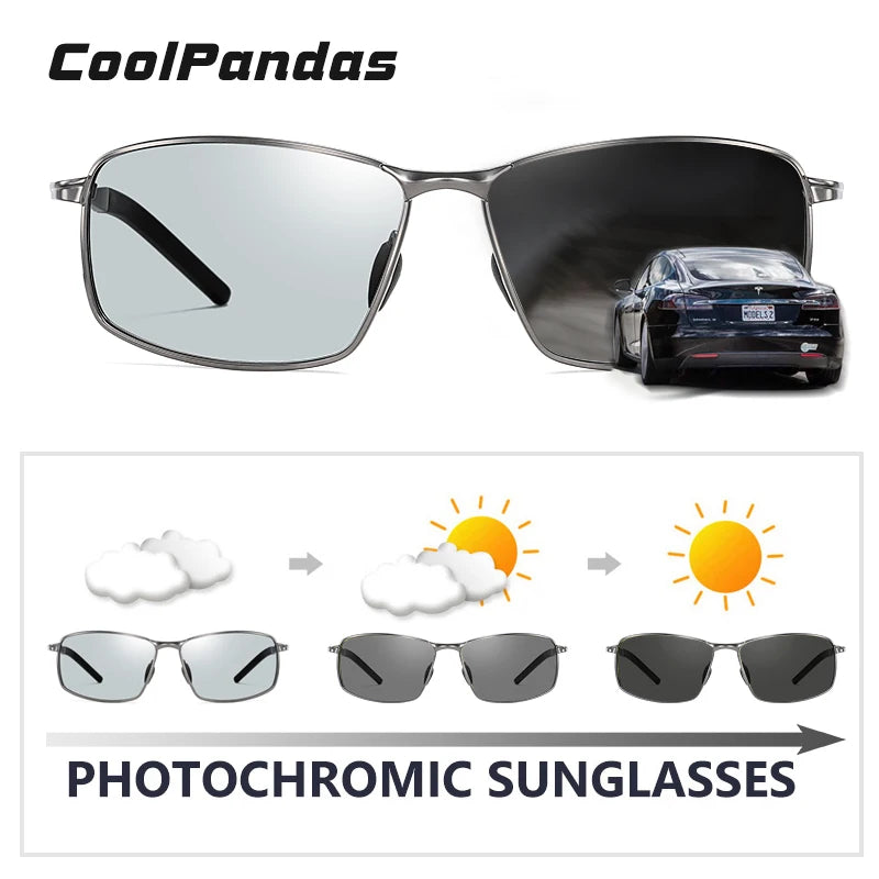 Photochromic Polarized Aluminum Metal Square Sunglasses for Men Driving Glasses