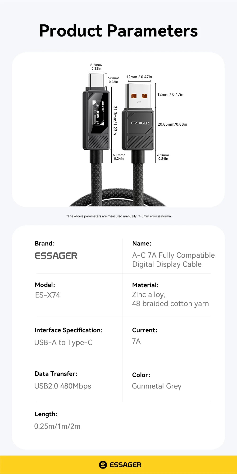 100W USB-C to USB-C Fast Charging Cable with LED Display
