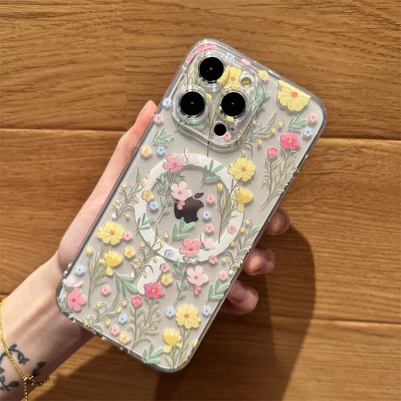 Transparent Clear MagSafe Magnetic Floral Flower Case for iPhone 16 14 15 Pro Max 15 Plus – Wireless Charging Shockproof Cover
