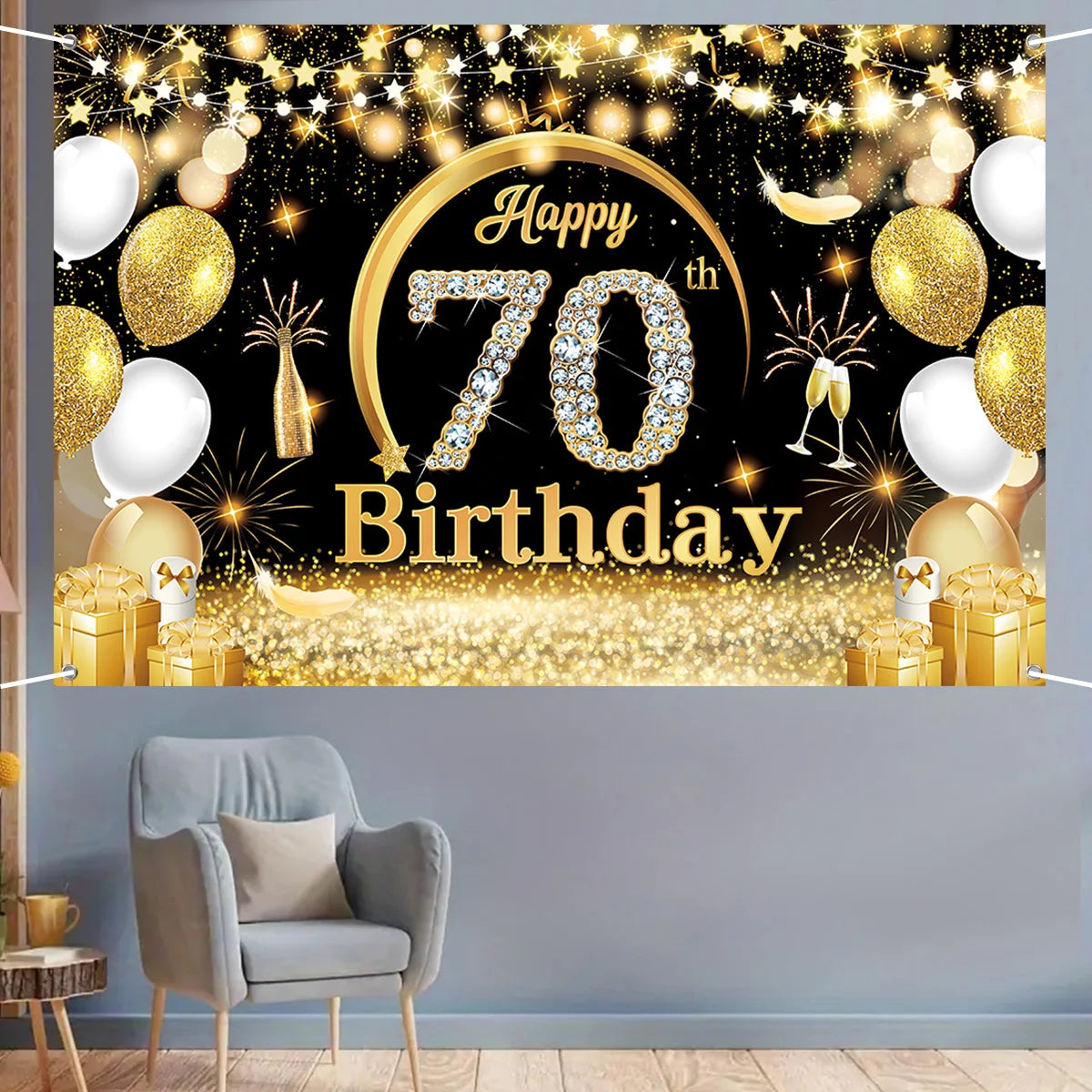 Black Gold Birthday Backdrop Happy 18th 70th Birthday Party Decoration Adult