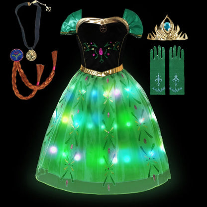 2-10Y Led Light Frozen Anna Princess Dress Girl Fancy Christmas New Year Birthday Carnival Party Gown 2024 Children Led Clothing