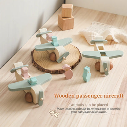 Wooden Airplane Toy For Babies Cartoon Animal Airplane Building Blocks Children's Room Decoration Hand Push The Plane Baby Gift