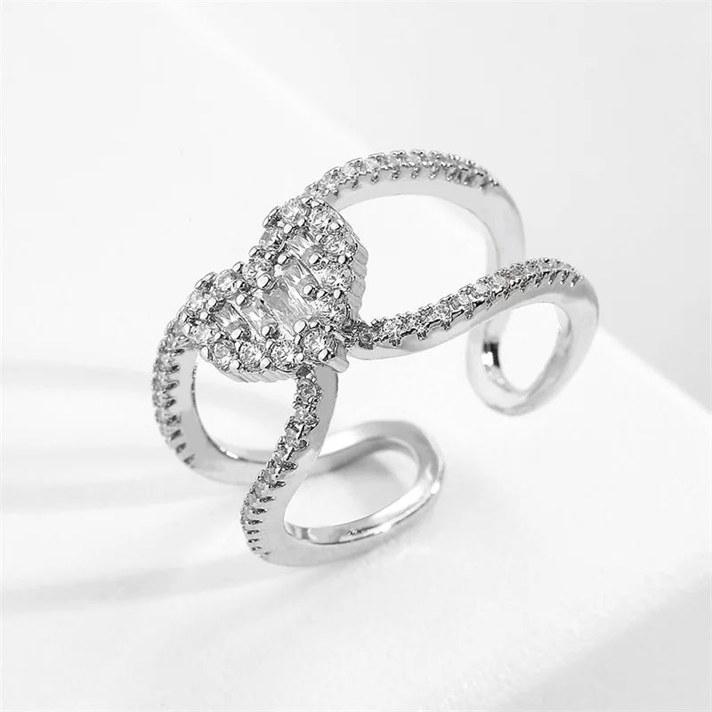 Exquisite Double Layer Cross Open Rings for Women Korean Fashion Heart Cubic Zircon Bridal Ring