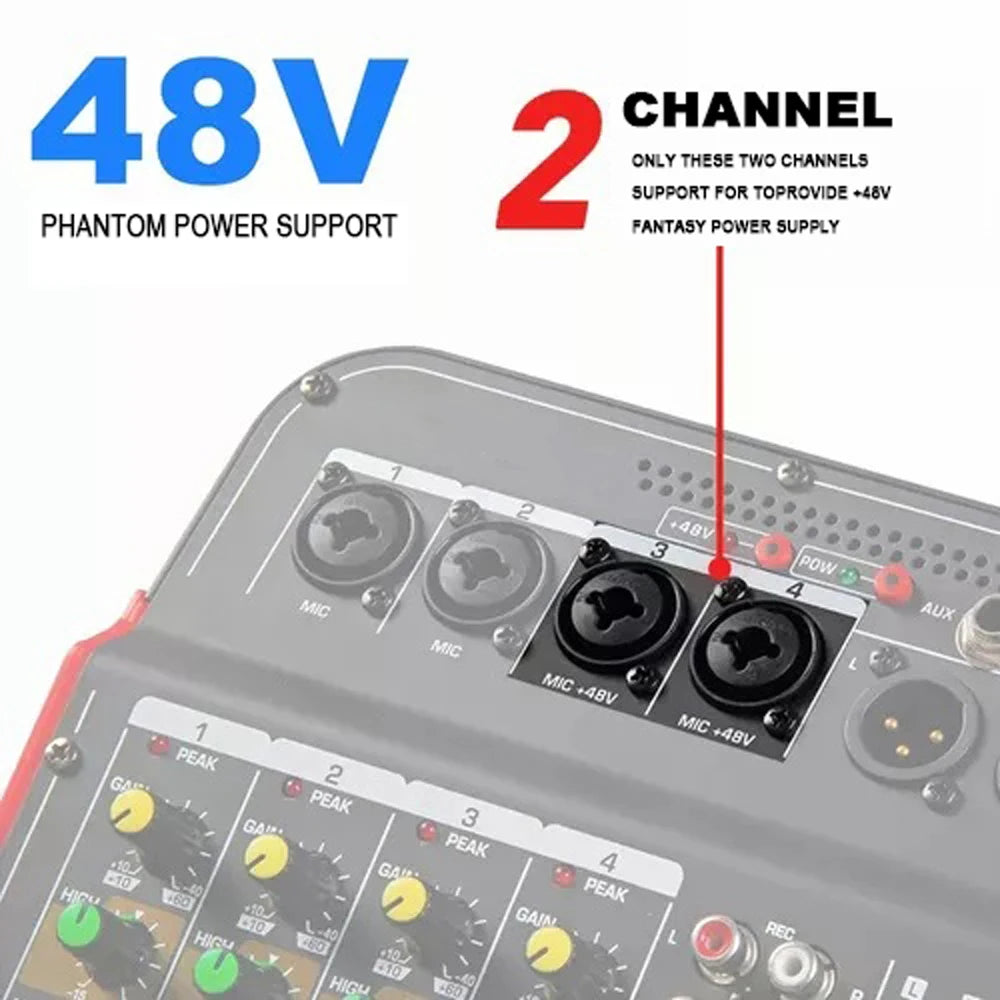 6 Channel Audio Mixer with Bluetooth Reverb and 48V Phantom Power