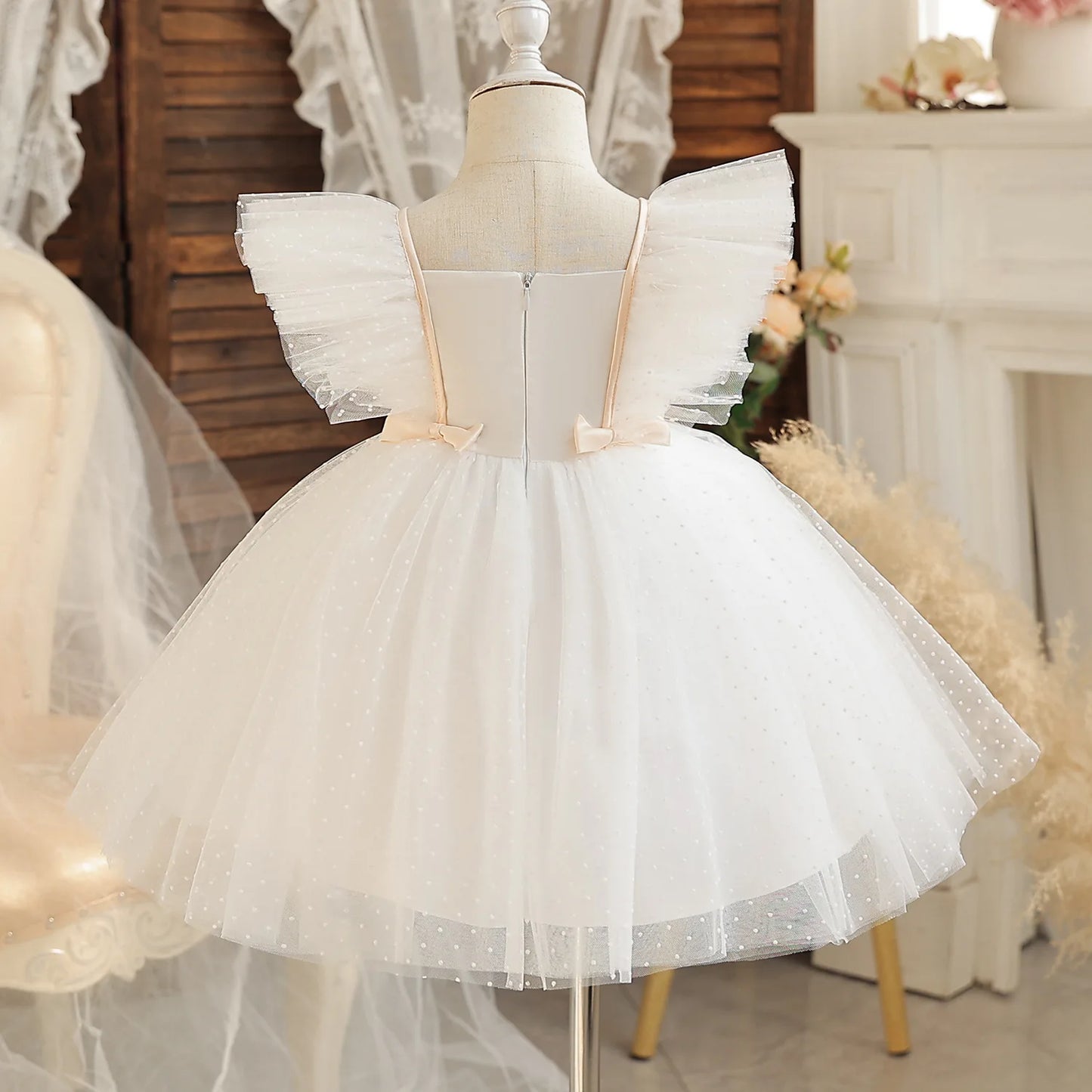 Girls Flying Sleeves Polka Dot Mesh Princess Dress Children Performance Fluffy Costume for Christmas New Year Party