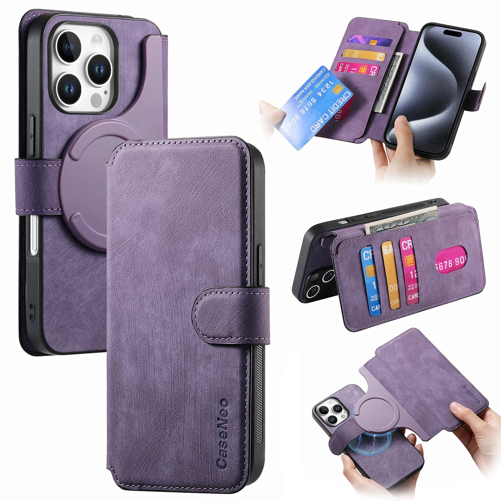 Flip Leather Wallet Case for iPhone 16 15 Pro Max 14 Plus 16E Magsafe  Detachable Card Slot Holder Cover