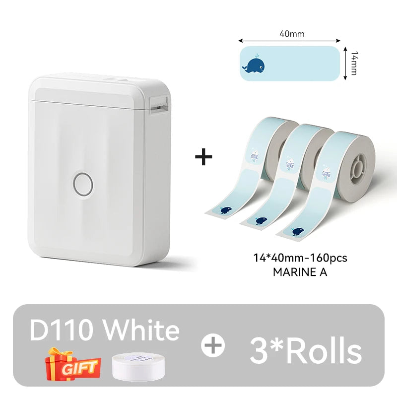 D110 Mini Thermal Label Printer, Portable Bluetooth Label Maker with Tape, Inkless 203 DPI, USB-C Rechargeable