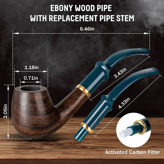 Wood Pipe Set with PU Leather Travel Pipe Pouch,Replaceable Pipe Stem,Pipe Filters and Smoking Pipe Accessories