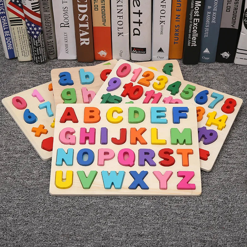 Montessori  Wooden Puzzle Toys  Cognitive Letter Number Hand Grab Puzzle Board Early Educational Toys for 2 to 4