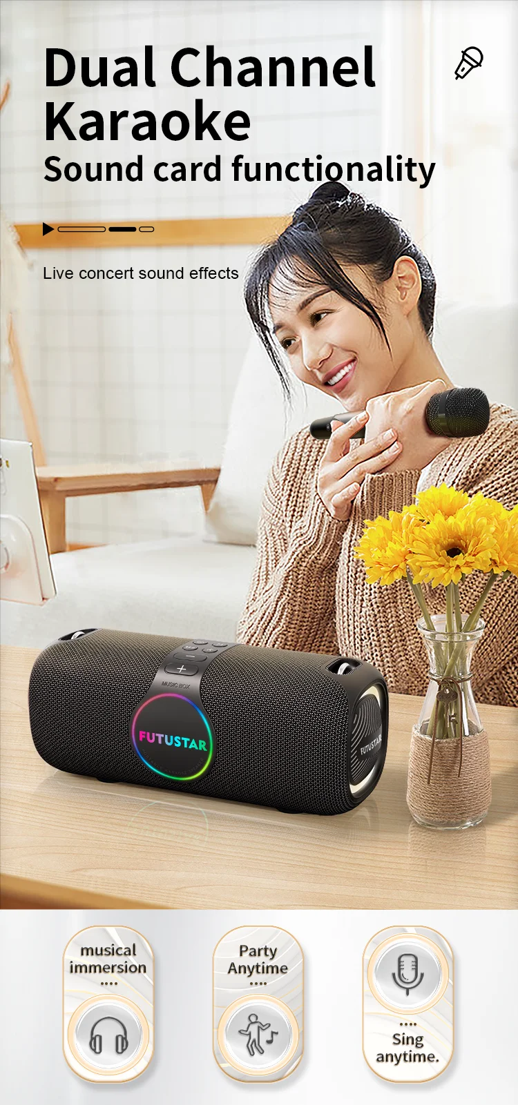 Outdoor portable wireless Bluetooth speaker 120W high-power karaoke speaker RGB subwoofer TWS/TF/AUX party karaoke speaker