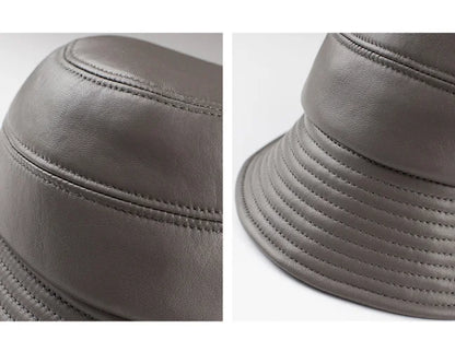 Bucket Hat Big Sun Shade 100% Genuine Leather Fisherman Caps Female Chic Grey Basin Casquette Street