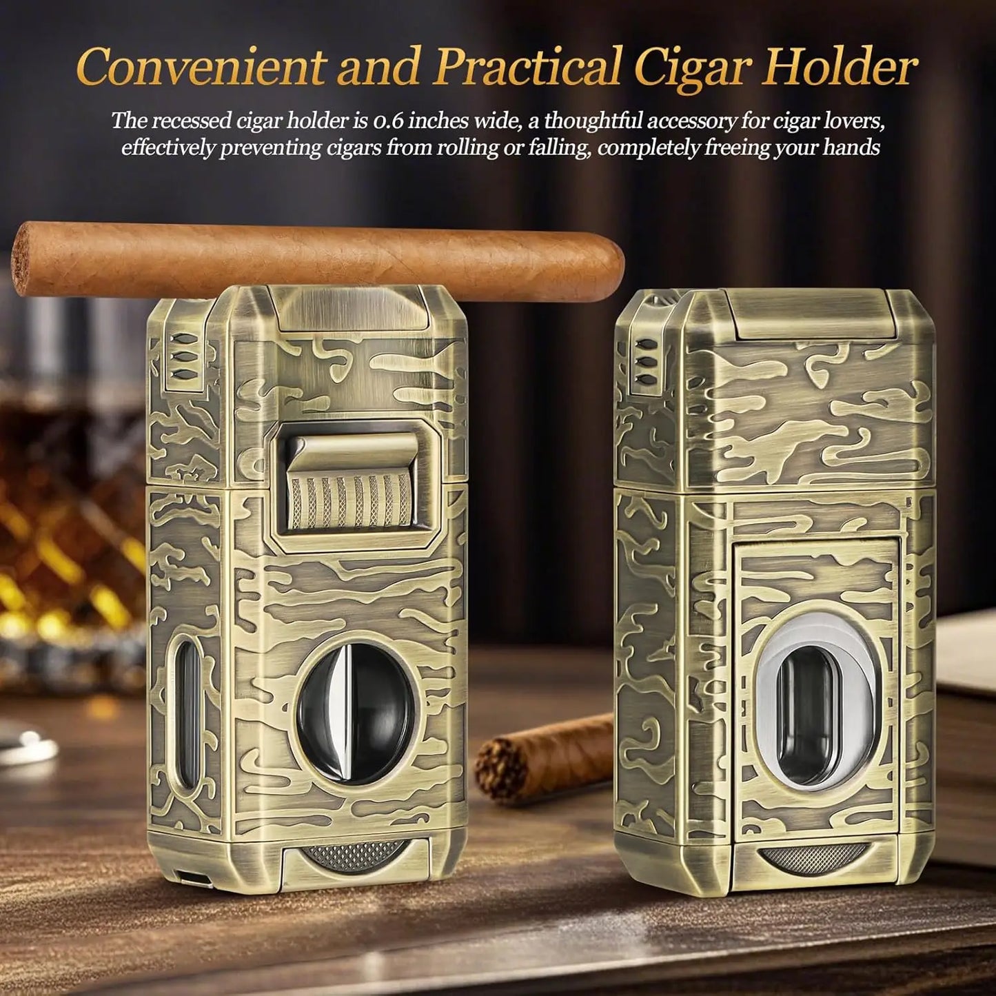 Cigar Lighter, 7-in-1 Cigar Lighter, Dual-Flame Windproof, Built-in Dual Punch, V-Cut, Flat Cut, Cigar Holder (No Butane)