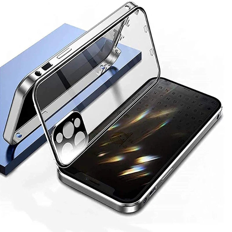 360°Full Protected Metal  Anti Peeping Buckle Lock Phone Case For iPhone 15 14 Pro Max Double-Sided Glass Cover