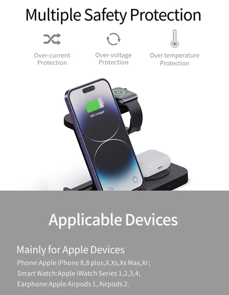 4 in 1 Foldable Wireless Charging Station For iPhone 16 15 14 13 12 Apple Watch 7/6 For Samsung Galaxy Watch Chargers 4/3