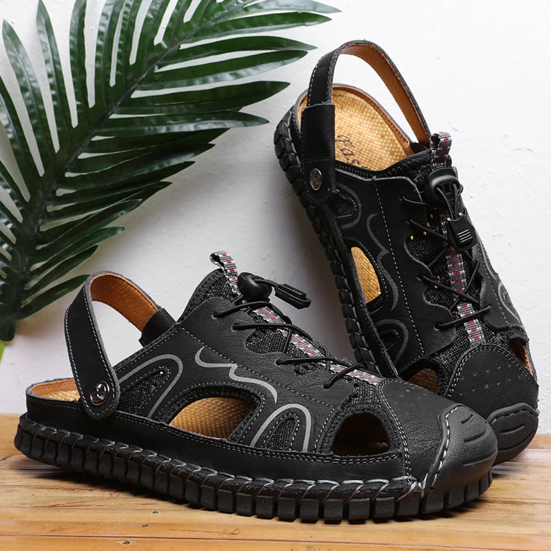 Shoes Summer Slippers Genuine Leather Non-slip Beach Shoes Male Outdoor Casual Sandals Slippers Handmade Sewing