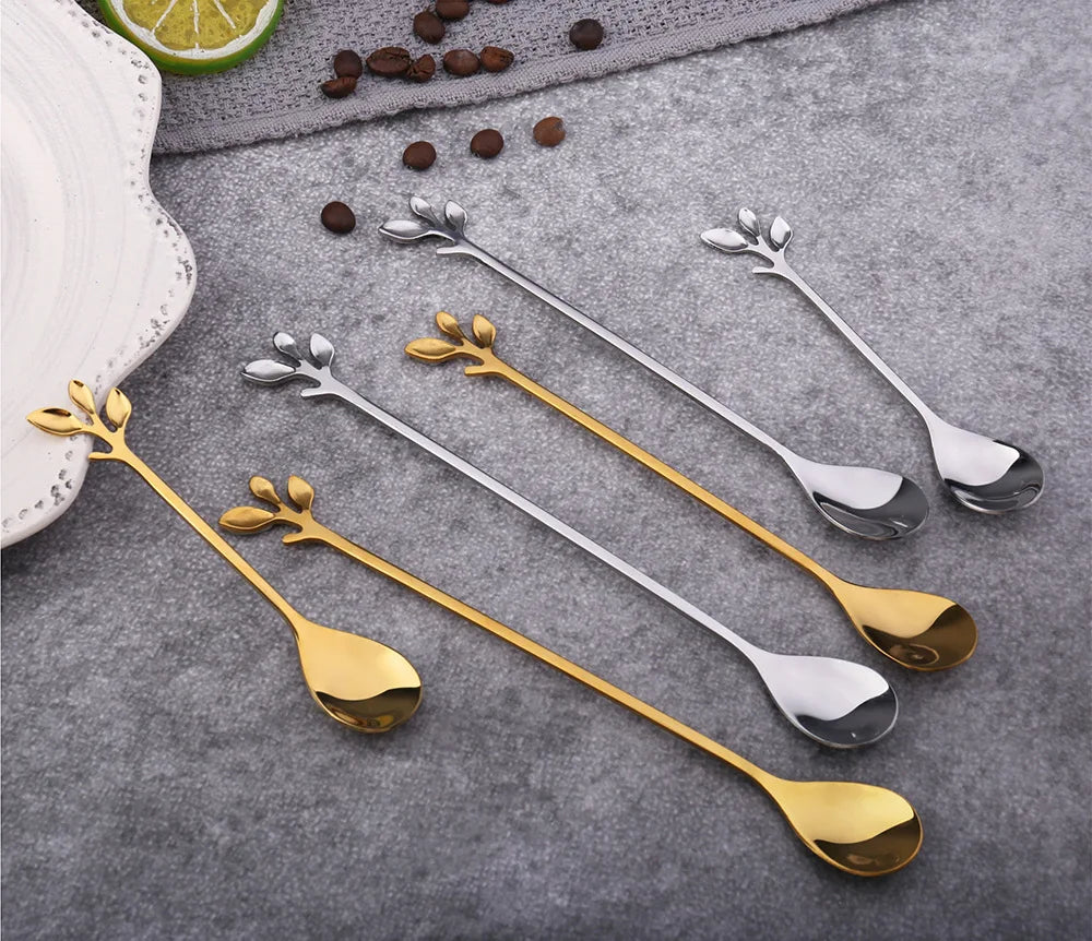 Gold Leaf Spoon for Stirring Tea Coffee Mixing Spoons Stainless Steel Tableware for Dessert Fruit Christmas Gift Home Decoratons
