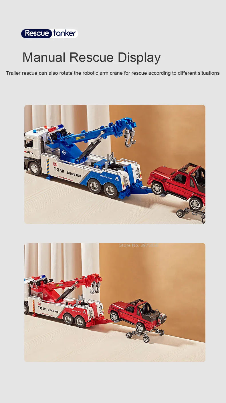 1/50 Scale Double Hook Rescue Crane Truck Alloy Model Toys Metal Diecast Engineering Vehicle Sound Light Gifts for Boys Birthday