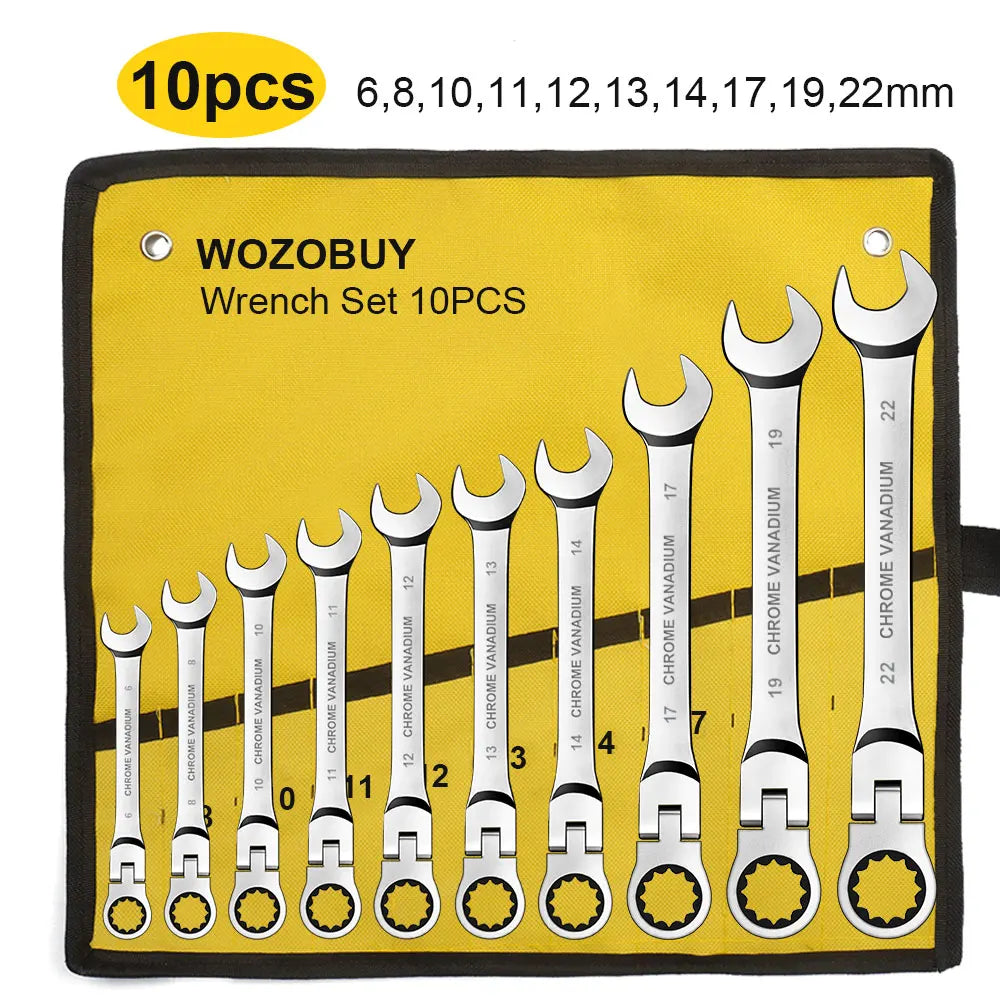 Metric Flex Head Ratcheting Combination Wrench Set 6–22mm 72-Tooth Cr-V Steel Spanner Set with Portable Storage Bag