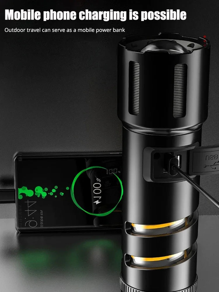 2-in-1 XHP360 High Power Tactical Flashlight Rechargeable Zoom Torch with Camping Light Power Bank Safety Hammer