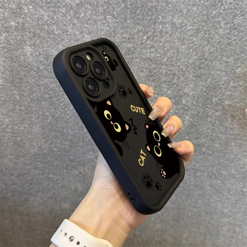 Lovely Black Cat Silicone Case For iPhone 17 16 15 14 Pro Max 16E 16 Plus 17Air Shockproof Back Covers