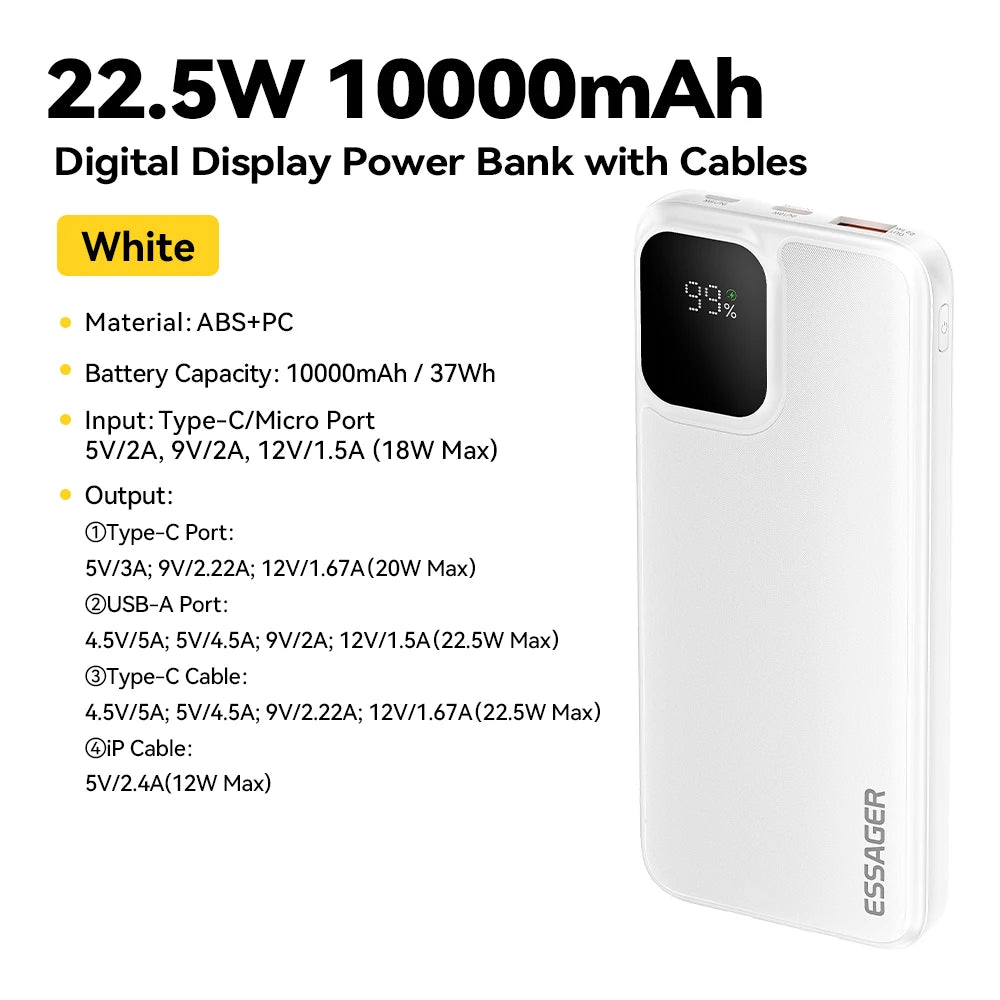 20000mAh Power Bank 22.5W PD Fast Charging with Built-in Type-C & Lightning Cables Digital Display Portable Charger