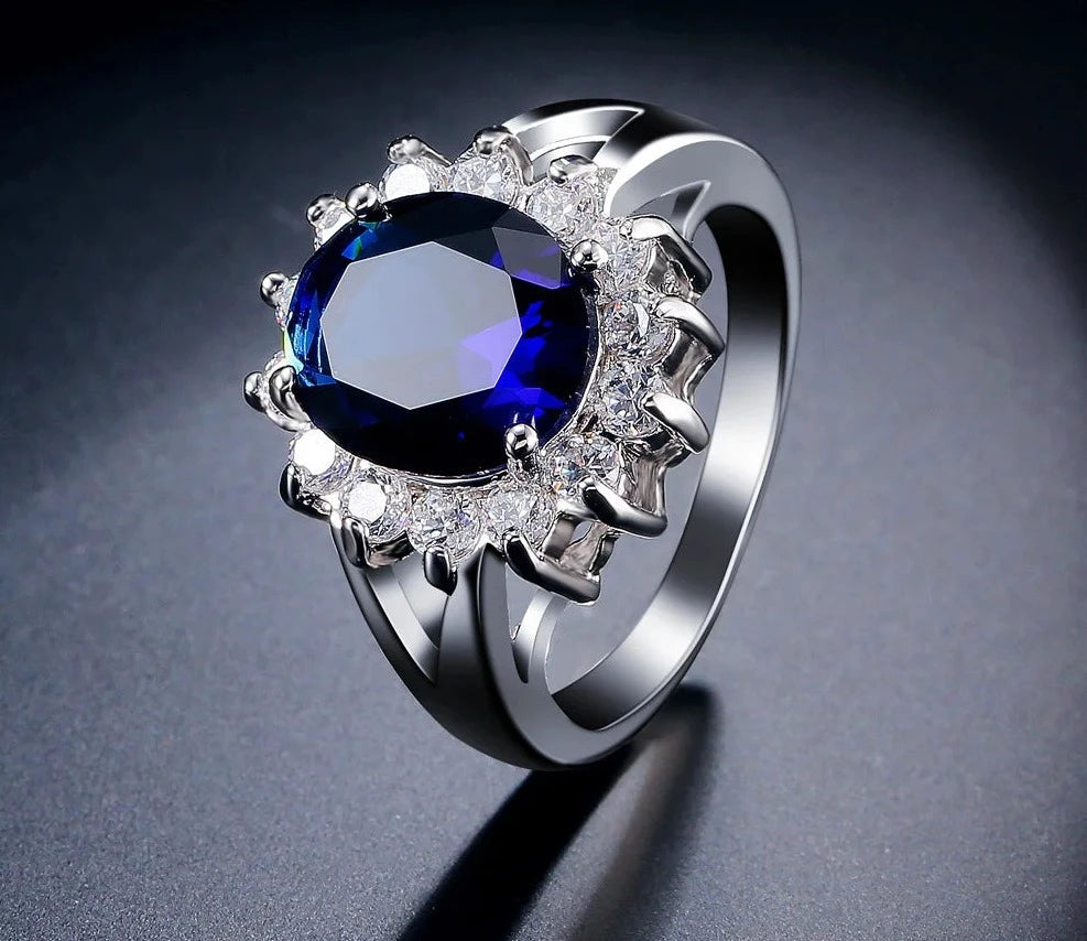 Luxury Blue Engagement Finger Rings for Elegant Women Fashion Flower Oval Zirconia Ring