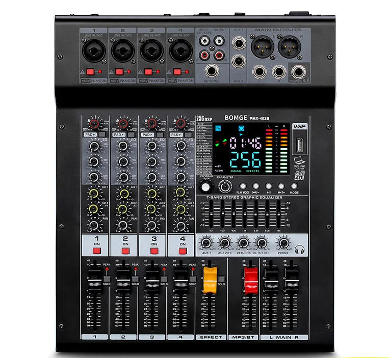 Professional 4 Channel Audio Mixer with Bluetooth and 256 Reverb Effects