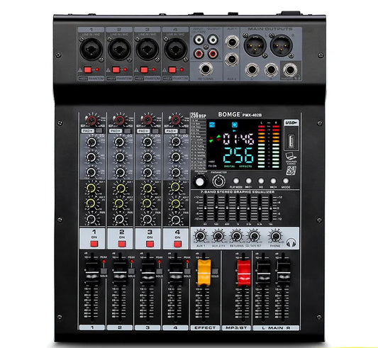 Professional 4 Channel Audio Mixer with Bluetooth and 256 Reverb Effects