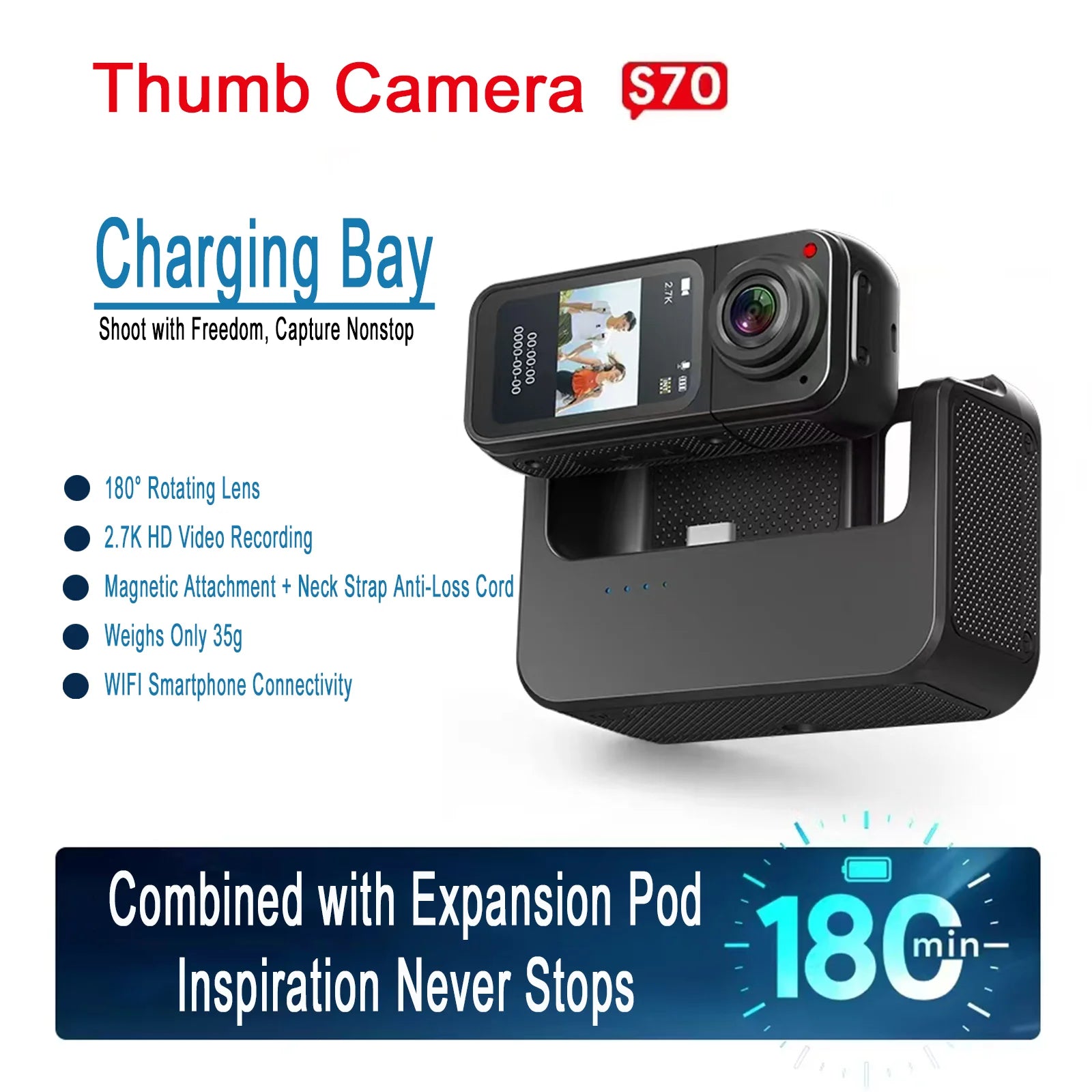 Thumb Action Camera 2.7K Mini Cam with Bracket Sport Body Cam Charging Bay Pocket Cameras Recorder megnetic Attraction Camera