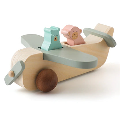 Wooden Airplane Toy For Babies Cartoon Animal Airplane Building Blocks Children's Room Decoration Hand Push The Plane Baby Gift