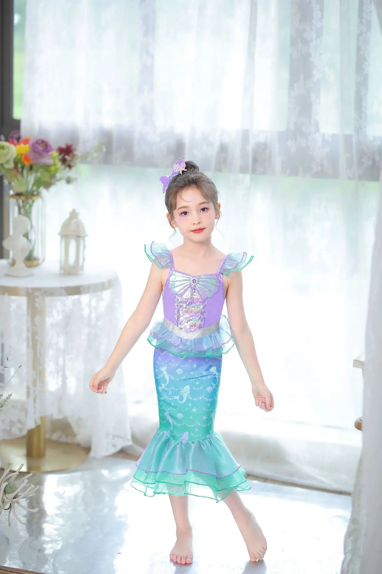 Mermaid Princess Dress for Girls - Summer flutter sleeves Sequin Tulle Dress Sparkling Ocean Themed Party Gown