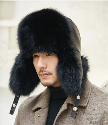 Fox Fur Cap Man Winter Genuine 100% Fur Bomber Hat Windproof Warm Earmuffs Male Flat Grey/Black Russian Hat Fitted Casquette