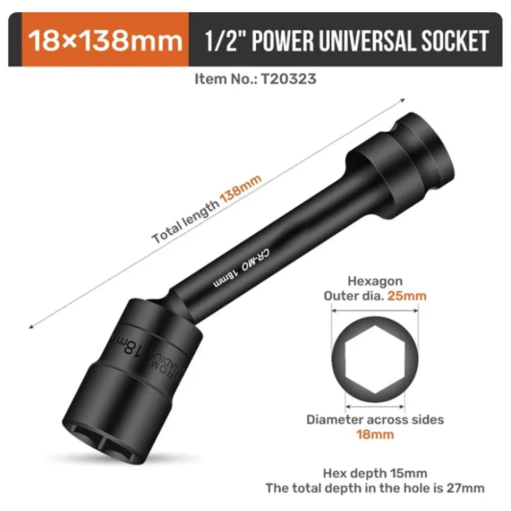 Impact Swivel Hex Socket Head Adapter 1/2-Inch Drive Universal Joint Cr-Mo Steel Spanner Converter 12-19mm