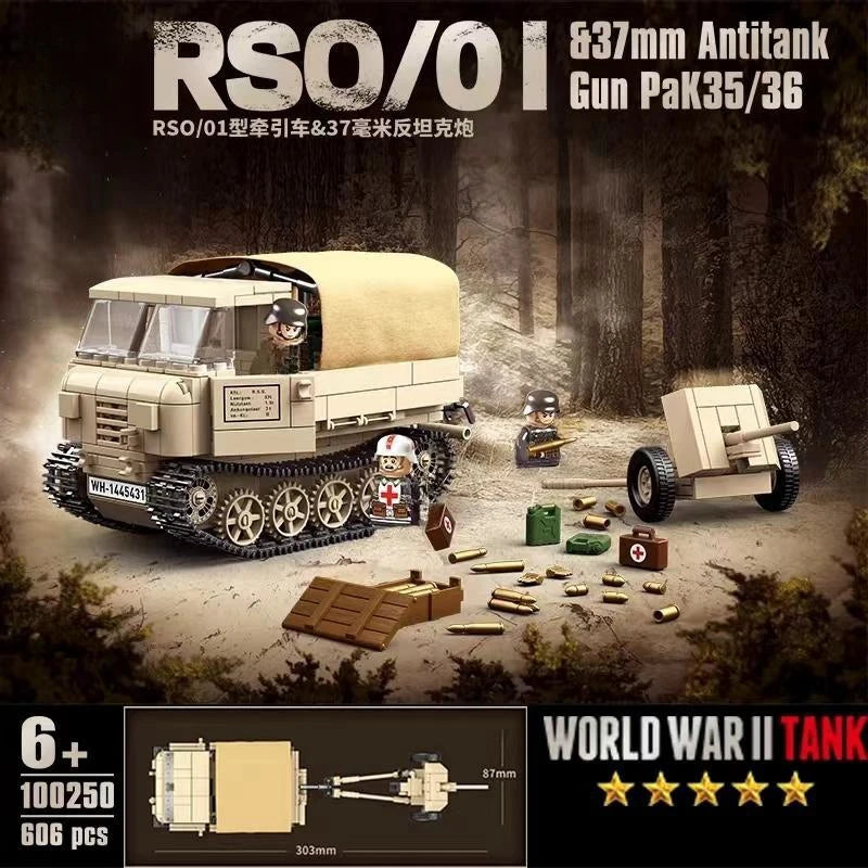 606 Pcs RSO/01 & 37mm Antitank  PaK35/36 WW2 Military SeriesTank Building Blocks  Bricks Model Set Toys for Gifts