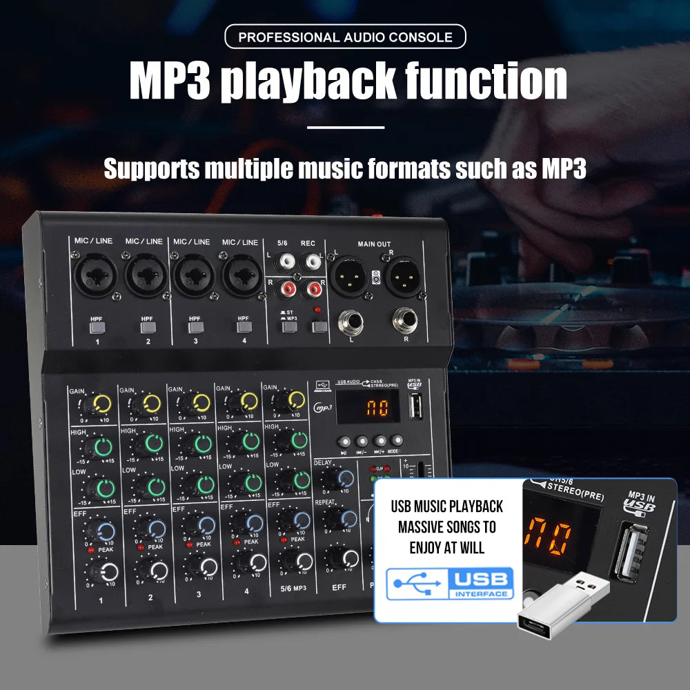 AM6 6 Channel Professional Audio Mixer Console with USB Recording and 48V Phantom Power