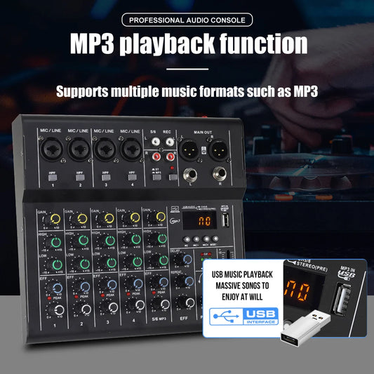 AM6 6 Channel Professional Audio Mixer Console with USB Recording and 48V Phantom Power
