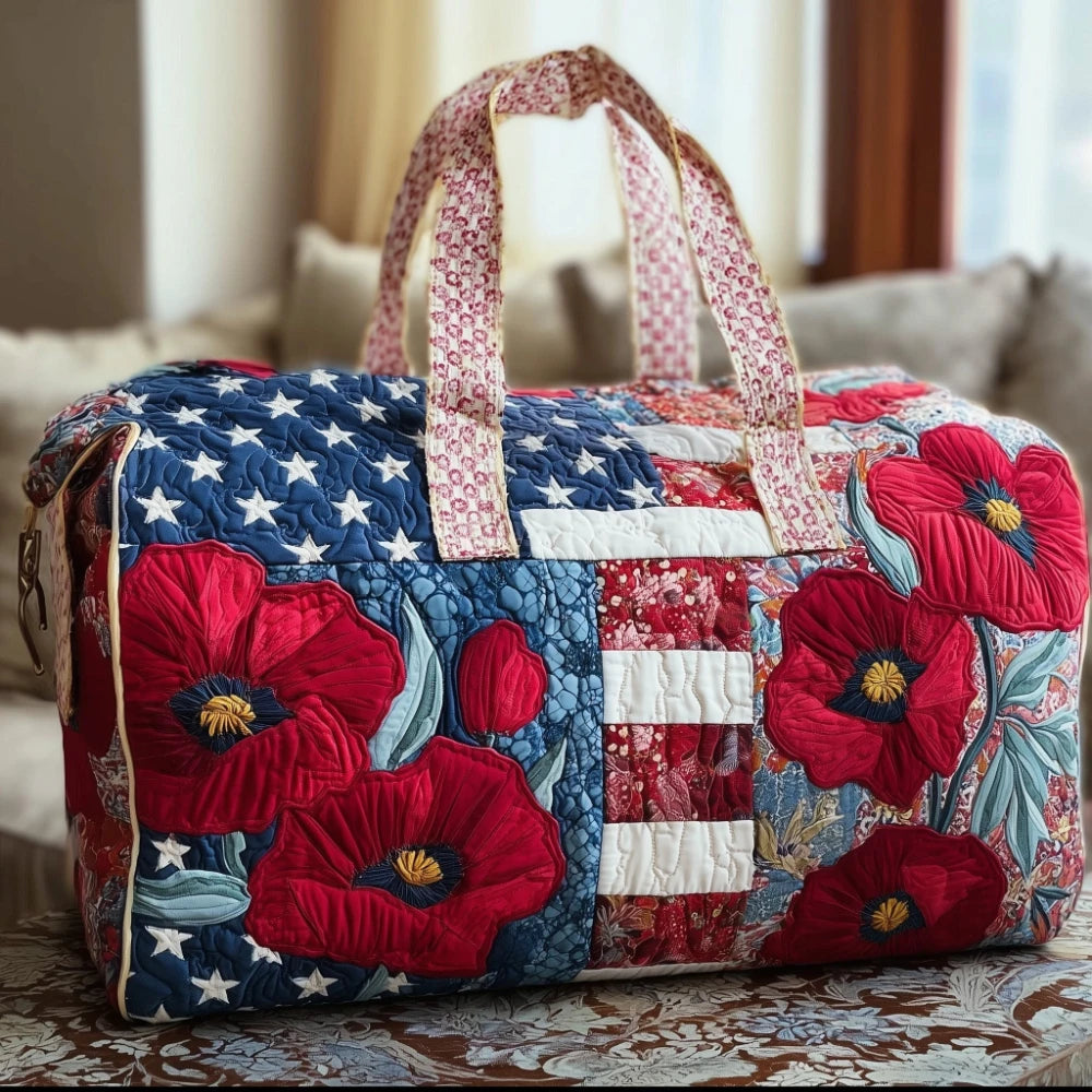 Women Vintage Patriotic Stars Stripes Quilted Duffel Bag Handmade 3D Rose Cardinals Print Weekender Bag Travel Gym Overnight Bag