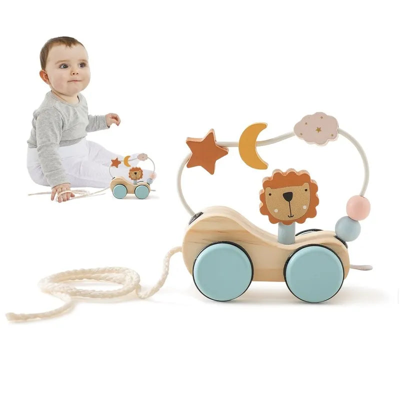 Wooden Baby Dragging Stars Moon Surround Car Beech Baby Toys Car Montessori Toys Hand Coordination Toy Handmade Decoration Gifts