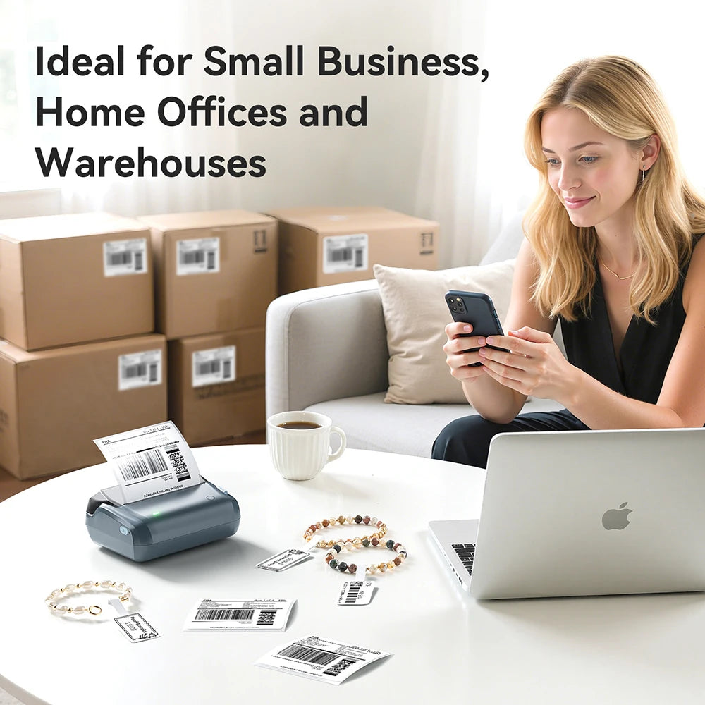 B4 Thermal Label Printer, Wireless Bluetooth Label Maker 20–110mm, Portable Barcode & Shipping Label Printer for Business & Office
