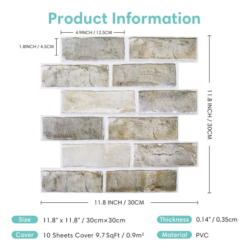 10pcs 3D Wall Sticker Self-adhesive Faux Brick Wall Panel Peel and Stick Kitchen Tile Backsplash Bathroom Wall Tile Sticker