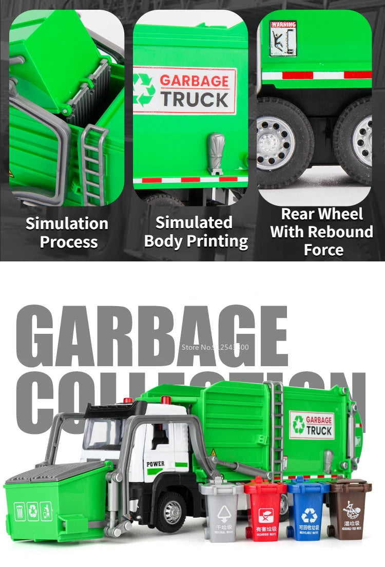 1/32 Alloy Urban Garbage Recycling Car Model Toys With Sound Light Rear Wheel Pull Back Function Sanitation Engineering Vehicles
