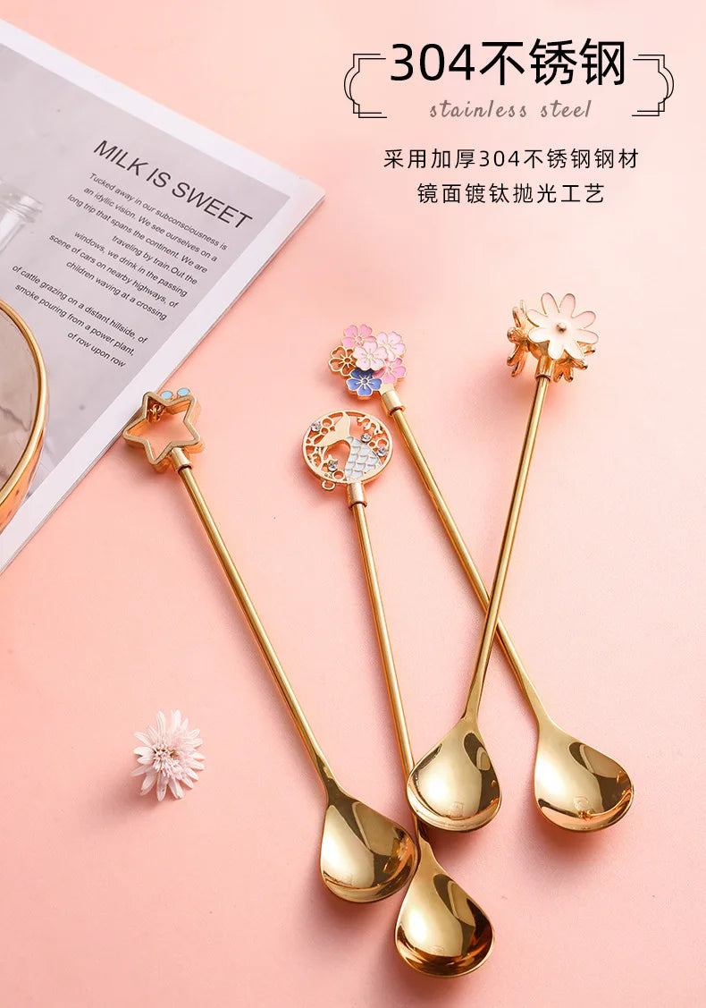 Colorful Cherry Spoons Long Handle Dessert Spoon 304 Stainless Steel Petal Teaspoons Catoon Blossom Star Fish Shape Home Decor