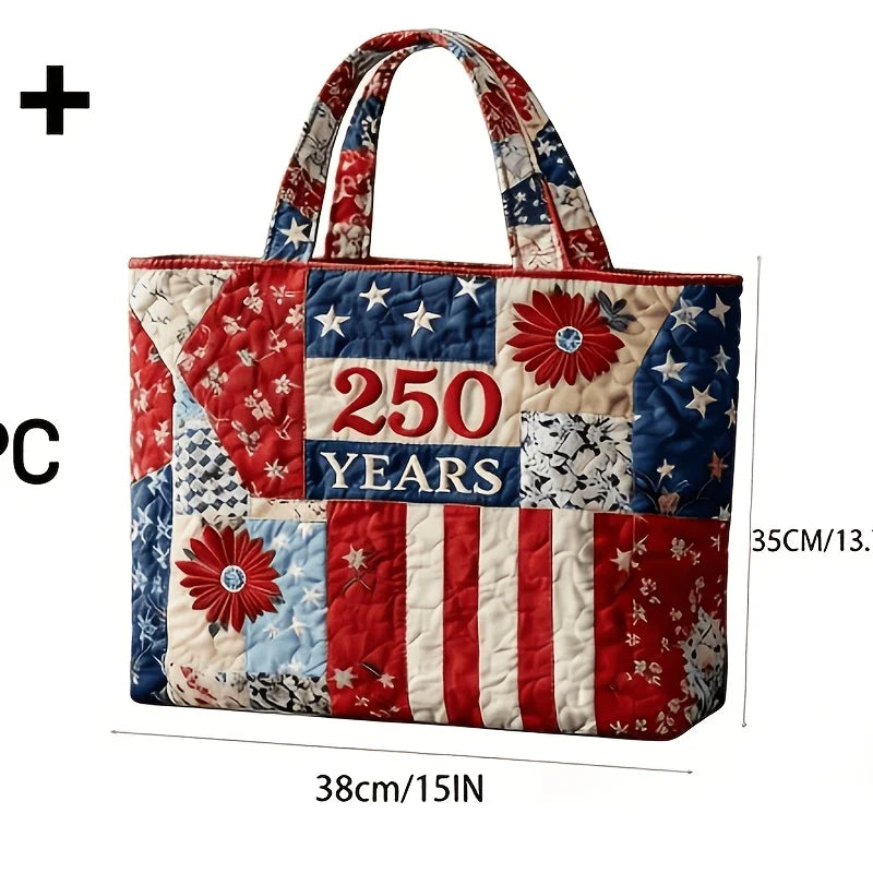 Patriotic Quilted Tote Bag 250 Years American Flag Patchwork Shoulder Handbag