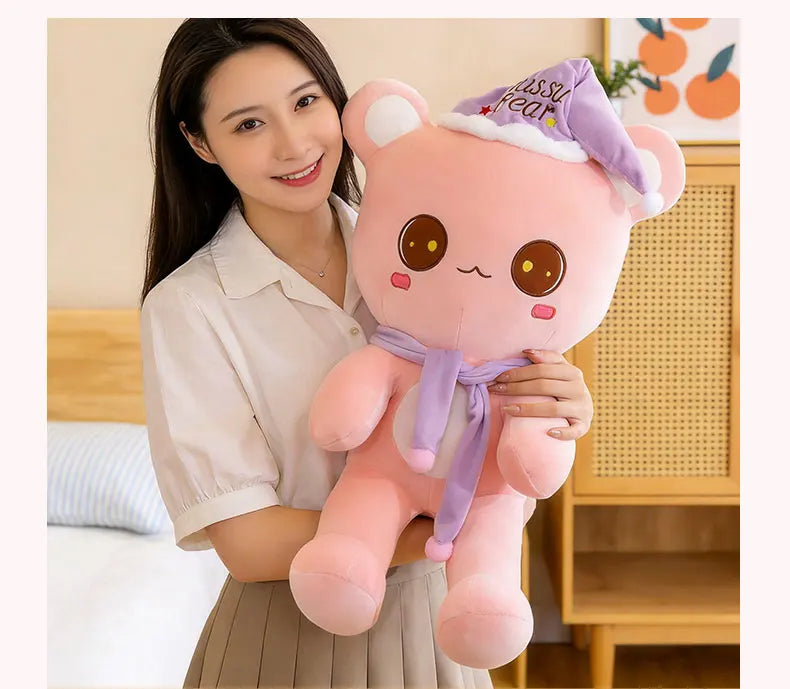 Cute Bear Plush Toy With Sleep Hat And Scarf Soft Pillow