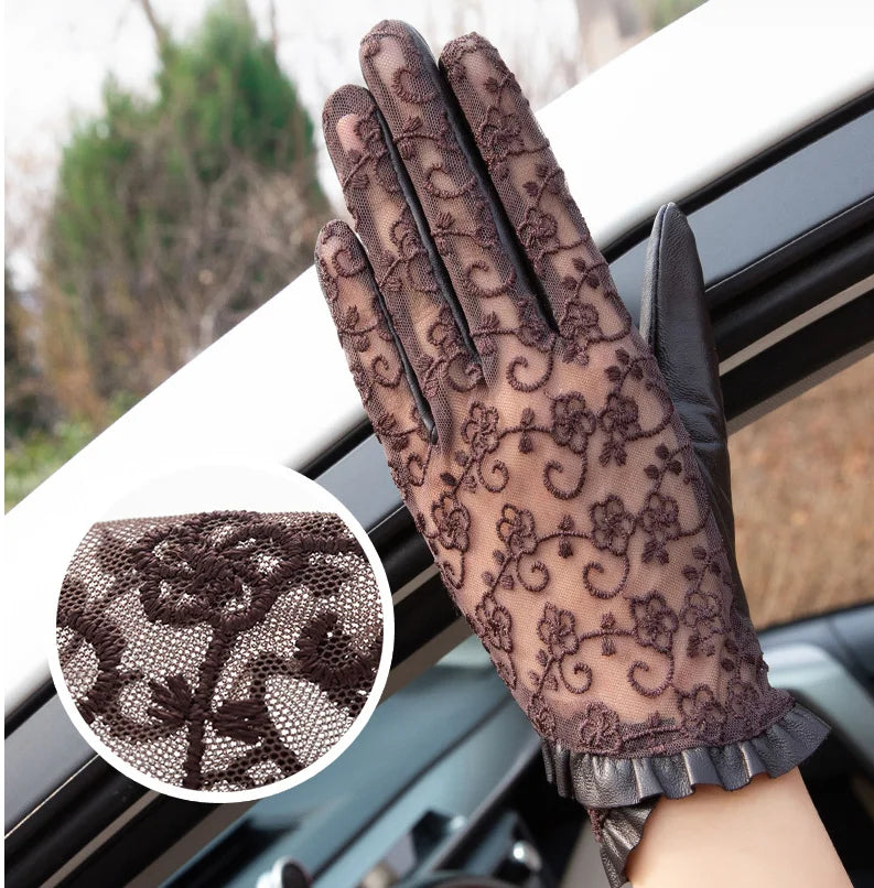 Spring Women Real Leather Gloves Ladies Elegant Gloves Women's Black Driving Gloves Anti-UV Touch Screen Lace Mittens