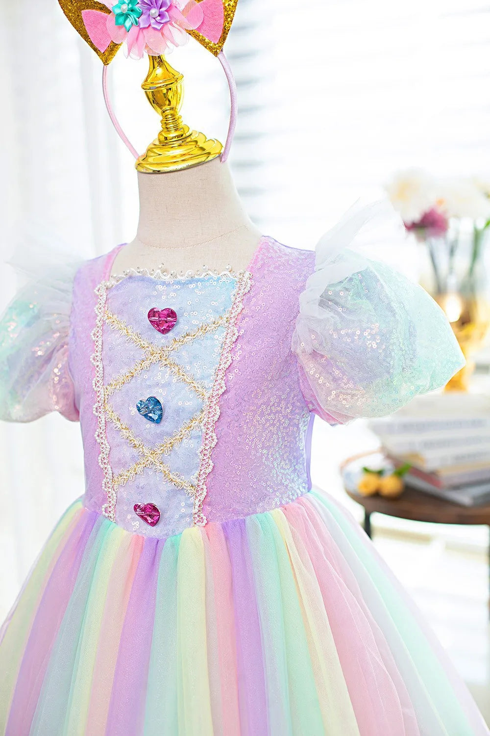 Rainbow Gradient Princess Ball Gown with Puff Bubble Sleeves