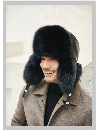 Fox Fur Cap Man Winter Genuine 100% Fur Bomber Hat Windproof Warm Earmuffs Male Flat Grey/Black Russian Hat Fitted Casquette